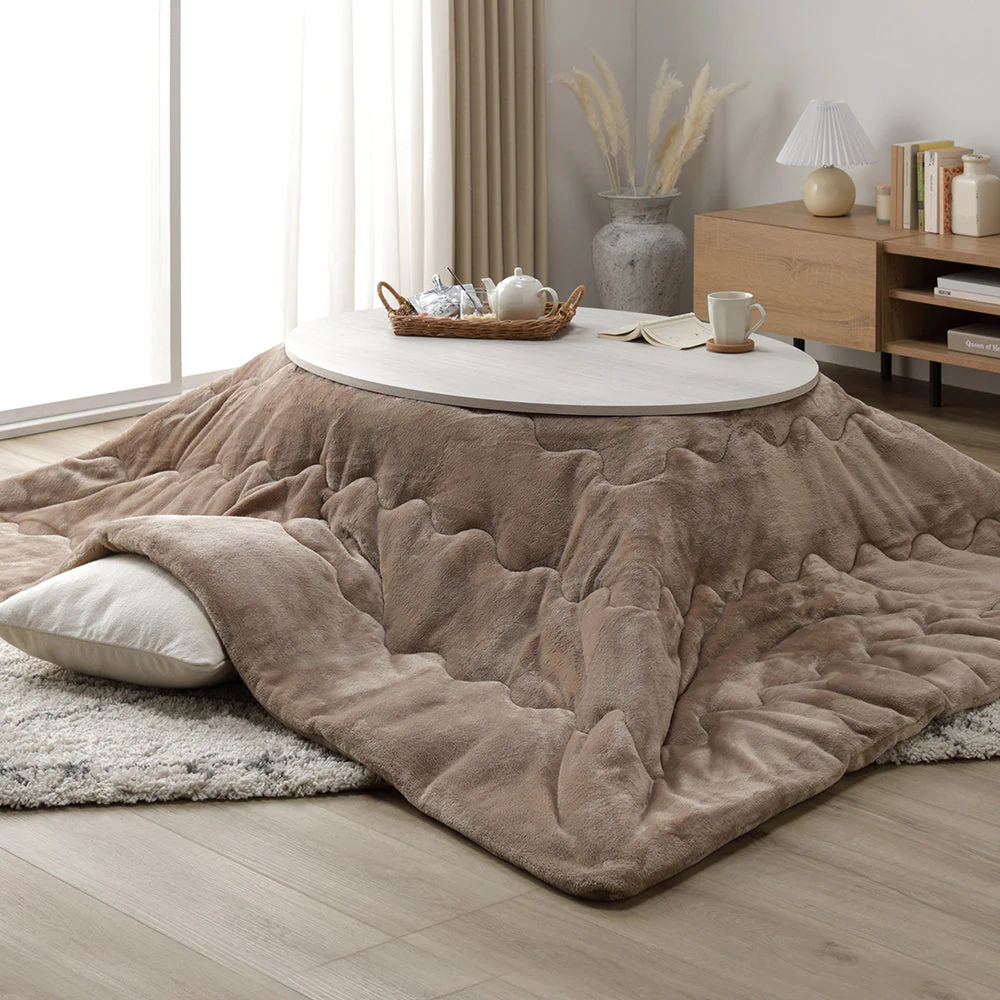 楕円形こたつ 2点セット 楕円形105×75cm テーブル ブラウン/ホワイトウォッシュ + 掛け布団 ベージュ - Image 26