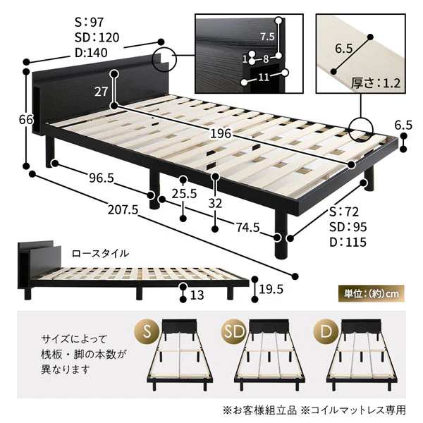 高さ調整可能 パイン材 すのこベッド『Aerus アエラス』 ブラック - Image 6