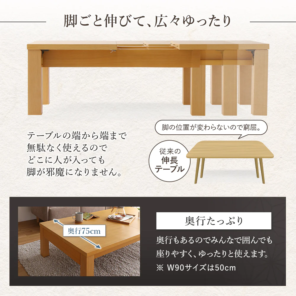 伸縮 折りたたみローテーブル（組立品）ライトブラウン - Image 12
