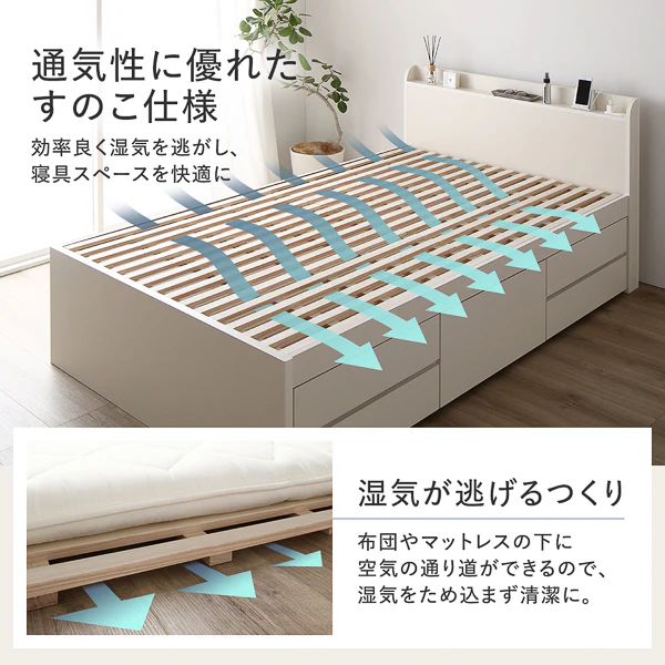 【お客様組み立て】日本製 引き出し5杯大容量ベッド すのこタイプ（棚付き）ナチュラル - Image 3