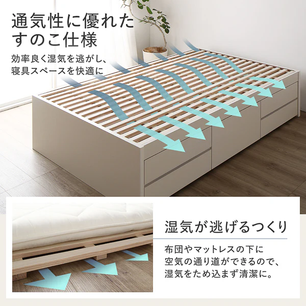 【お客様組み立て】日本製 引き出し5杯大容量ベッド すのこタイプ（ヘッドレス）ブラウン - Image 3
