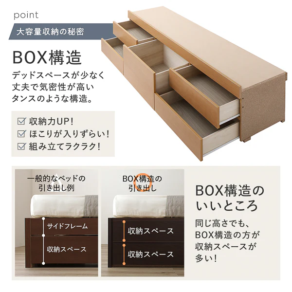 【お客様組み立て】日本製 引き出し5杯大容量ベッド すのこタイプ（ヘッドレス）ブラウン - Image 8