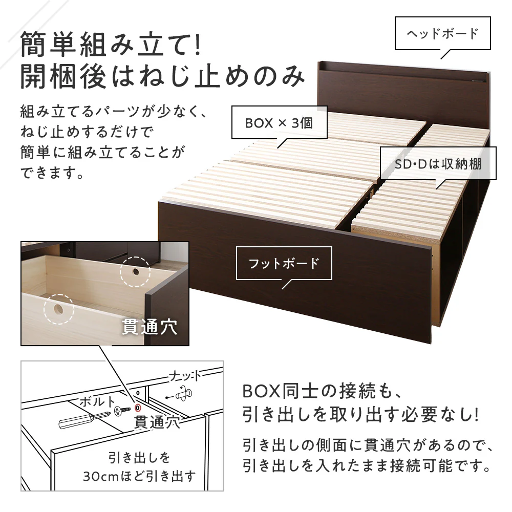 【お客様組み立て】日本製 引出しタイプを選べる すのこ チェストベッド（棚付き） ホワイト - Image 11