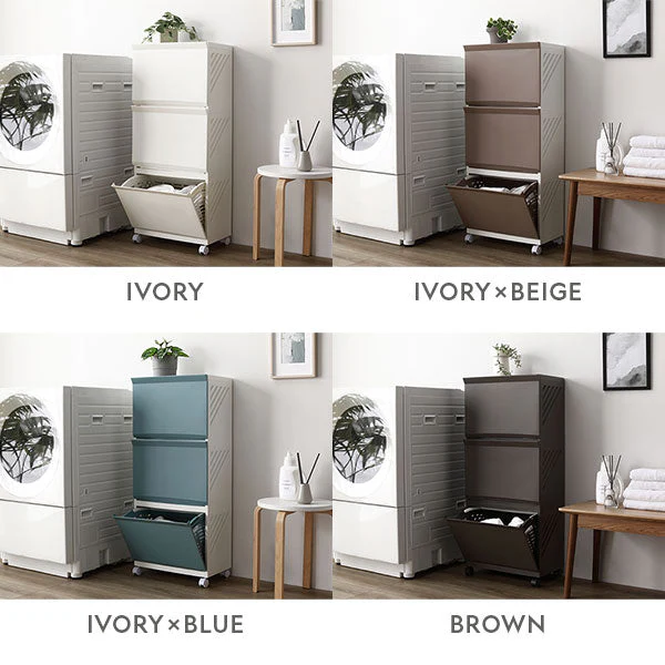 隠せる・分別できる ランドリーラック 収納ボックス ワイド3段 ブラウン - Image 2