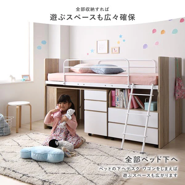 デスク・ワゴン付き コンパクトロフトベッド ナチュラル - Image 4