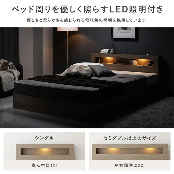 ホテルスタイルベッド LED照明・引き出し収納付き『Rizon ライゾン』ストーングレー - Image 3