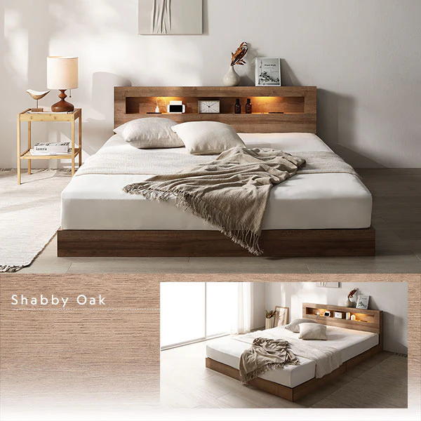 ホテルスタイル ローベッド LED照明＆棚付き『CONCASA コンカーサ』シャビーオーク - Image 9