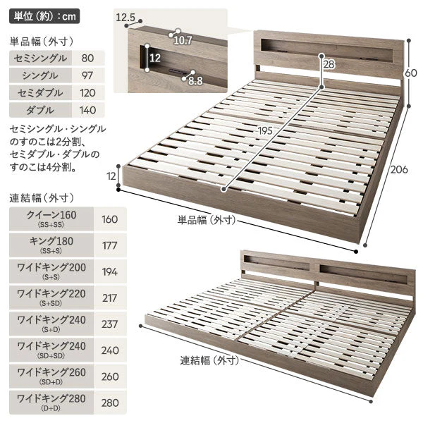 ホテルスタイル 連結ローベッド LED照明＆棚付き『CONCASA コンカーサ』ストーングレー - Image 22