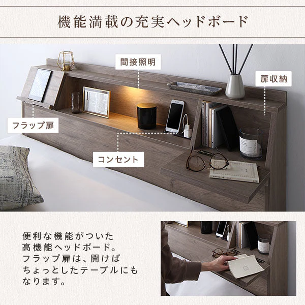 LED照明&多機能ヘッドボード・引き出し収納付き『Rebertio リバーティオ』 ストーングレー - Image 10