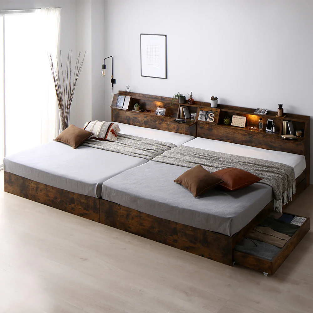 LED照明＆多機能ヘッドボード・引き出し収納付き『Rebertio リバーティオ』 2台セット グレージュ - Image 33