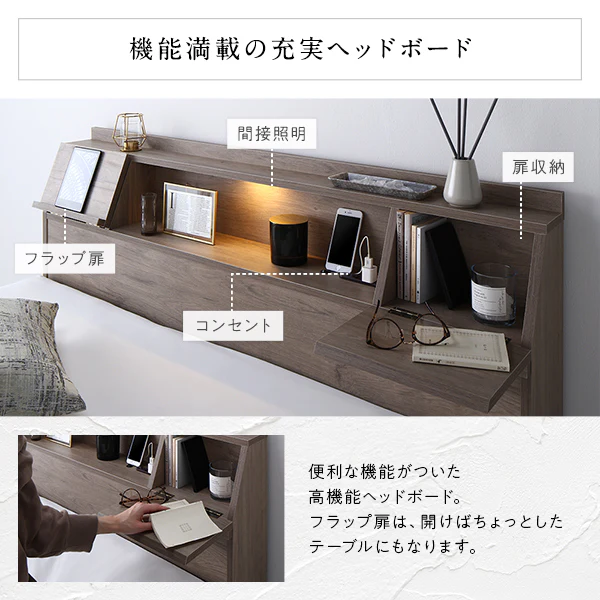 LED照明＆多機能ヘッドボード・引き出し収納付き『Rebertio リバーティオ』 2台セット ストーングレー - Image 13