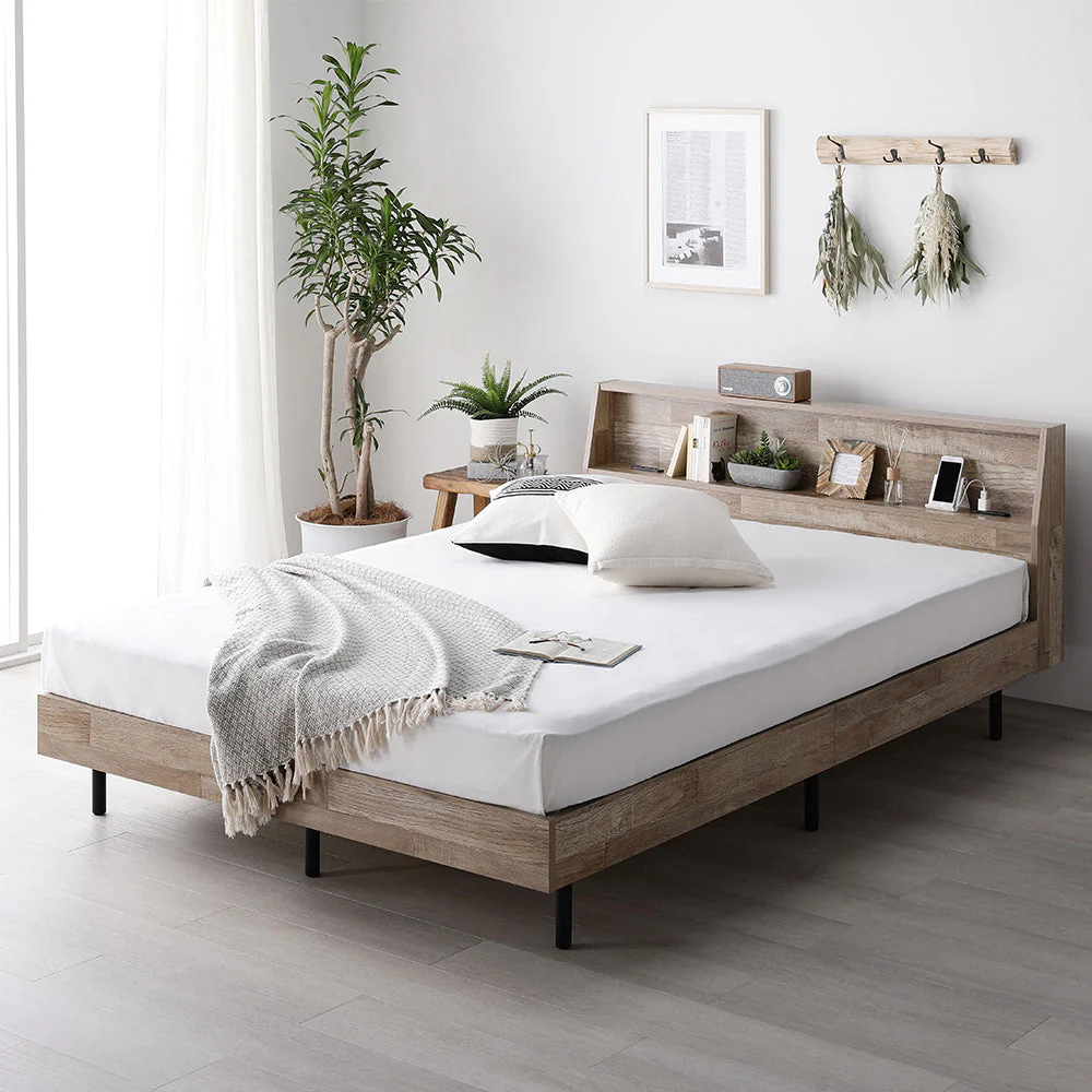 棚付きすのこベッド 『FICUS フィカス』脚付き コンセント付き ヴィンテージナチュラル