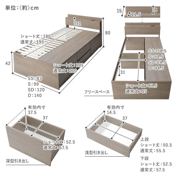 引き出し4杯大容量ベッド 宮付きタイプ『Slektia スレクティア』 ストーングレー - Image 19