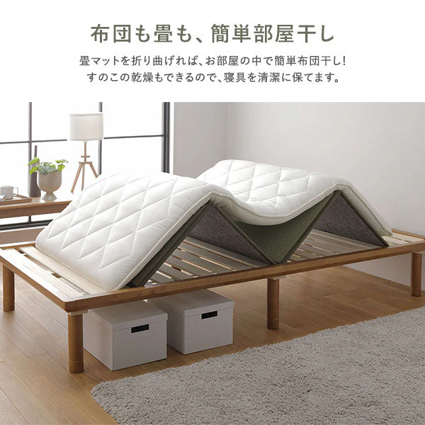 い草畳 すのこベッド 畳マット付き 天然木 3段階高さ調整 連結サイズ（ワイドキング）ブラウン 緑(双目織) - Image 14