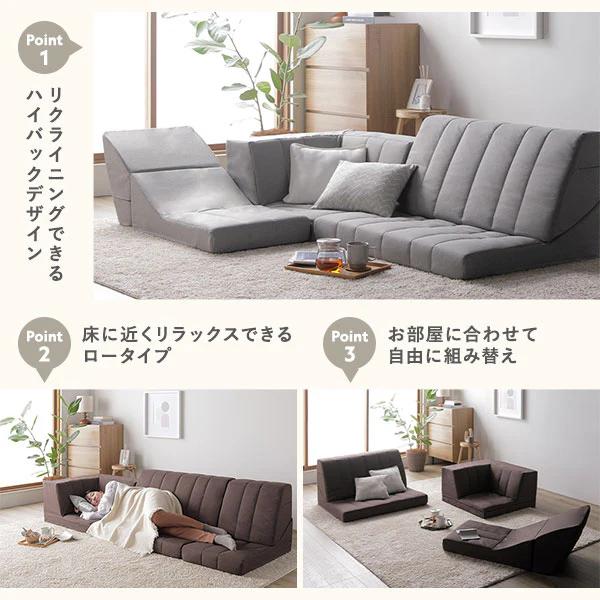 日本製 リクライニング ハイバック フロアコーナーソファ 3点セット ライトグレー - Image 4