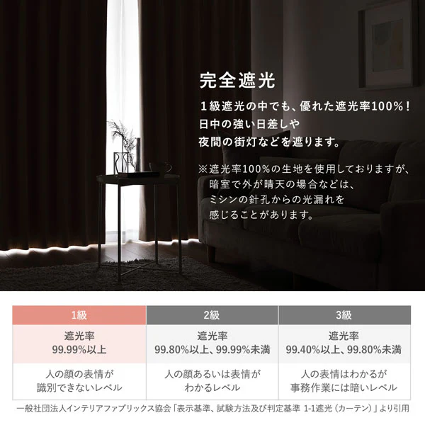 【ドレープ2枚】日本製 遮光率100% 遮熱・遮音に優れた1級遮光カーテン 幅100cm×2枚 ベージュ - Image 3