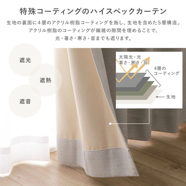 【4枚セット】日本製 遮光率100% 遮熱・遮音に優れた1級遮光カーテン ドレープ幅100cm×2枚+レース幅100cm×2枚 ベージュ - Image 11