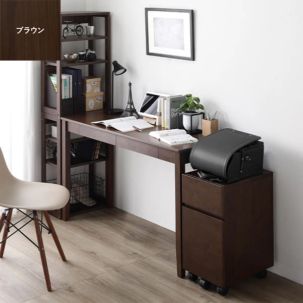 【旧仕様】組み替えできる 天然木学習デスク 3点セット（デスク+ラック+キャビネット） 幅120×奥行45cm ブラウン - Image 4