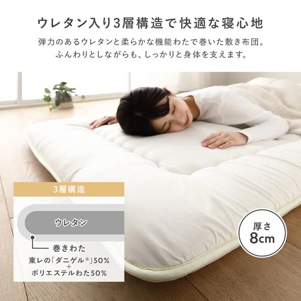 【日本製】抗菌防臭・防ダニ ウレタン入り3層敷き布団+掛け布団 2点セット アイボリー - Image 9